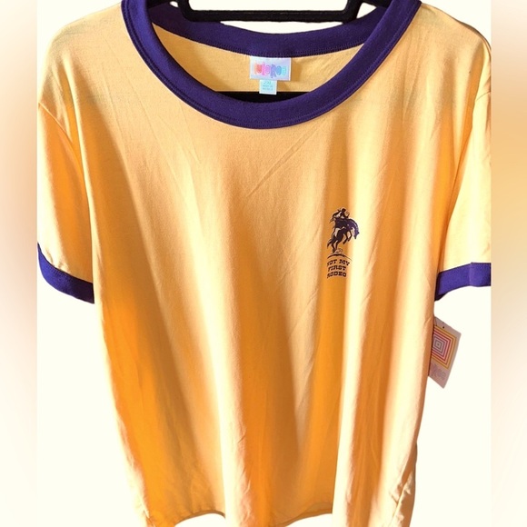 Lularoe Liv 2X yellow T shirt. “Not My First Rodeo” NWT. Dark purple ringer. - Picture 2 of 7